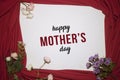 Happy mother`s day card. Blank sheet of white paper with red background. Space for text. Morther`s day concept