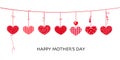 Happy Mother`s day card with border design hanging red hearts Royalty Free Stock Photo