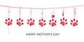 Happy Mother`s day card with border design hanging red paw prints
