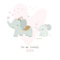 Happy Mother`s Day card with cute cartoon elephant. Vector illustration Royalty Free Stock Photo