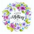 Happy Mother`s Day Card with elegant lettering in floral frame. Happy Mother`s Day watercolor banner.