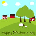 Happy Mother`s day card with sheep and lamb on farm