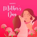 Happy mother`s day cartoon daughter kissing mom carnation flower