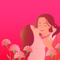 Happy mother`s day cartoon daughter kissing mom carnation flower