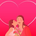 Happy mother`s day cartoon daughter kissing mom and holding carnation flower