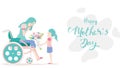 Happy mother`s day! Child daughter congratulates disabled mum in wheelchair and gives her flowers tulips. Colorful vector Royalty Free Stock Photo