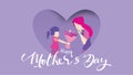 Happy mother`s day! Child daughter congratulates mom and gives her flowers tulips in frame of heart shape paper cut. Mum smiling Royalty Free Stock Photo