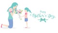 Happy mother`s day! Child daughter congratulates mom and gives her flowers tulips. Mum smiling and surprising. Colorful vector