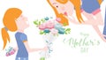 Happy mother`s day! Child daughter congratulates mom and gives her flowers tulips. Mum smiling and surprising. Colorful vector Royalty Free Stock Photo