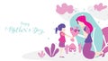 Happy mother`s day! Child daughter congratulates mom and gives her flowers tulips. Mum smiling and surprising. Vector illustratio