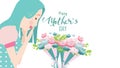 Happy mother`s day! Close up mum smiling and surprising. Attractive woman with flowers. Female with tulips. Spring bouquet.