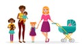 Happy Mother s day concept vector flat illustration. Two mothers with children are walking. Caucasian and African