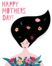 Happy Mother`s day cute card, poster, cover or banner template with lettering. Young beautiful mom holding a bouquet of flowers Royalty Free Stock Photo