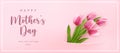 Happy mother`s day cute lovely elegant pink tulip flower banner template