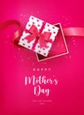 Happy mother`s day cute red love heart pattern opened gift box and ribbon