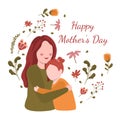 Happy Mother`s Day Daughter Child Flower Floral Flat Illustration