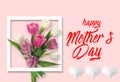 Happy Mother`s Day elegant lettering banner pink. Calligraphy text and harts on pink background for Mother`s Day.