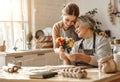 Happy mother`s day! family old grandmother mother-in-law and daughter-in-law daughter congratulate on holiday, give flowers