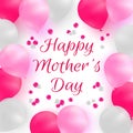 Happy Mother's Day. Greeting card or background template. White and pink balloons on white background with rose petals. Royalty Free Stock Photo