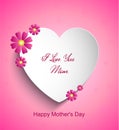 Happy Mother`s Day greeting card, banner, poster, with white heart, pink spring flowers and text on isolated gradient background