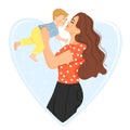 Happy motherÃ¢â¬â¢s day greeting card. Beautiful mother with son. Mom holds child in her arms.