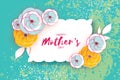 Happy Mother`s Day Greeting card. Blue Yellow Paper cut Flower. Rectangle wave Frame. Space for text. Royalty Free Stock Photo