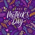 Happy mother`s day - Greeting card. Brush calligraphy on floral hand drawn pattern background. Royalty Free Stock Photo