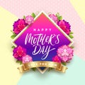 Happy mother`s day - Greeting card. Brush calligraphy greeting and flowers on a pattern background. Royalty Free Stock Photo
