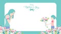 Happy mother`s day greeting card. Child daughter congratulates mom and gives her flowers tulips. Vector illustration flat design Royalty Free Stock Photo