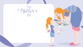 Happy mother`s day greeting card. Child daughter congratulates mom and gives her flowers tulips. Vector illustration flat design Royalty Free Stock Photo