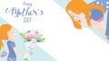 Happy mother`s day greeting card. Child daughter congratulates mom and gives her flowers tulips. Vector illustration flat design Royalty Free Stock Photo