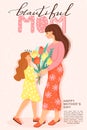 Happy motherÃ¢â¬â¢s day greeting card. Cute girl giving to his mother bouquet of tulips. Royalty Free Stock Photo