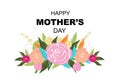 Happy Mother`s Day greeting card. Cute hand drawn abstract vibrant colored Spring time flowers. Roses and peonies Royalty Free Stock Photo