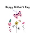 Happy Mother`s day greeting card. Cute hand drawn flowers and butterfly Royalty Free Stock Photo