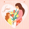 Happy motherÃ¢â¬â¢s day greeting card. Daughter giving to his mother bouquet of tulips. Heart shape composition. Royalty Free Stock Photo