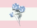 Happy mother`s day greeting card design, minimalist blue hydrangea flowers on pink and blue