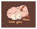 Happy Mother's day, greeting card design with sheep mom and baby. Holiday postcard background, adorable sweet farm Royalty Free Stock Photo