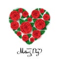 Happy mother`s day greeting card with heart of red roses. Royalty Free Stock Photo