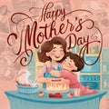 Happy Mother`s Day greeting card illustration mother with kid