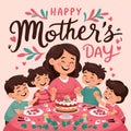 Happy Mother`s Day greeting card illustration mother with kids