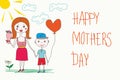 Happy Mother`s Day Greeting Card. Mom And Son Holding Hands On Sunny Day. Childrens Drawing As Gift To Mom.
