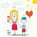 Happy Mother`s Day greeting card. Mom and son holding hands on sunny day. childrens drawing as gift to mom. Royalty Free Stock Photo