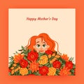 Happy Mother's Day. Greeting card. Orange hair woman with flowers bouquet. Smiling mom face. Child care. Love for Royalty Free Stock Photo