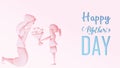 Happy mother`s day greeting card. Paper cut style child daughter congratulates mom and gives her flowers tulips in pink backgroun Royalty Free Stock Photo