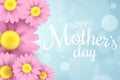 Happy Mother`s Day. Greeting card. Pink daisy flowers on a light blue background with glares bokeh. White text. Romantic love bac