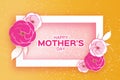 Happy Mother`s Day Greeting card. Pink Pastel Paper cut Flower. Rectangle Frame. Space for text. Royalty Free Stock Photo