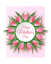 Happy Mother`s Day Greeting Card. Postcard with Tulip Wreath on a Rose Background. Vector Illustration