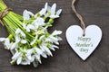 Happy Mother`s Day greeting card with snowdrop spring flowers and decorative heart with text on old wooden table.