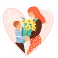 Happy motherÃ¢â¬â¢s day greeting card. Son giving to his mother bouquet of narcissus. Heart shape composition. Royalty Free Stock Photo