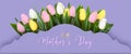 Happy Mother`s Day greeting card. Spring cut flowers tulips, festive background. Vector illustration. Women`s holiday Royalty Free Stock Photo